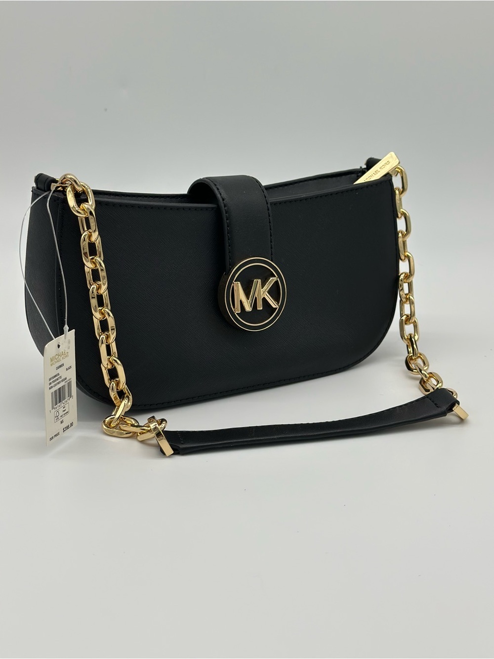 Michael Kors Black Crossbody Bag with Gold Chain and MK Medallion
